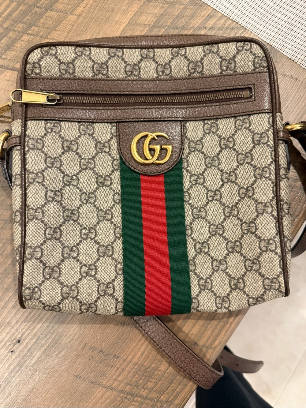 Gucci Beige/Brown GG Supreme Crossbody with Green and Red Web